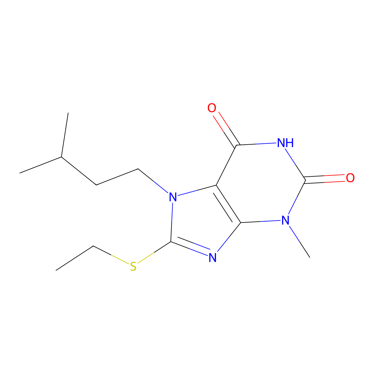 8-(ethylthio)-7-isopentyl-3-methyl-1H-purine-2,6(3H,7H)-dione molecular structure, CAS 313530-81-3