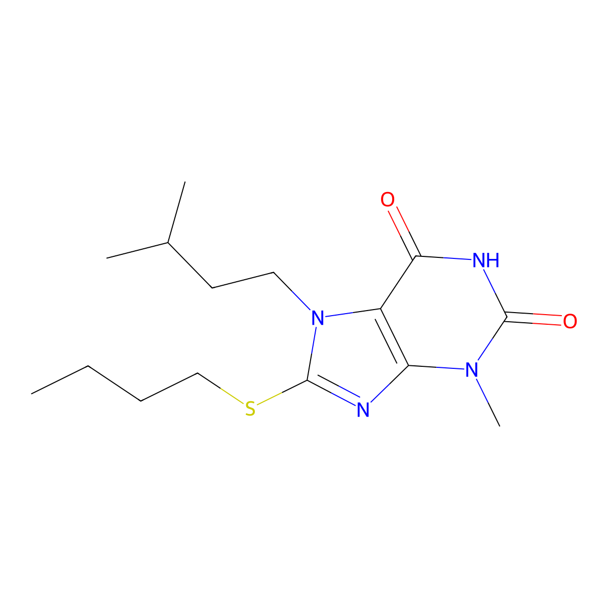 8-(butylthio)-7-isopentyl-3-methyl-1H-purine-2,6(3H,7H)-dione molecular structure, CAS 313530-82-4