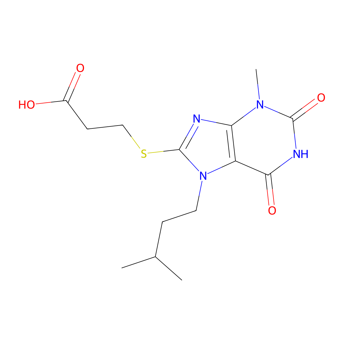 3-((7-isopentyl-3-methyl-2,6-dioxo-2,3,6,7-tetrahydro-1H-purin-8-yl)thio)propanoic acid molecular structure, CAS 313530-86-8