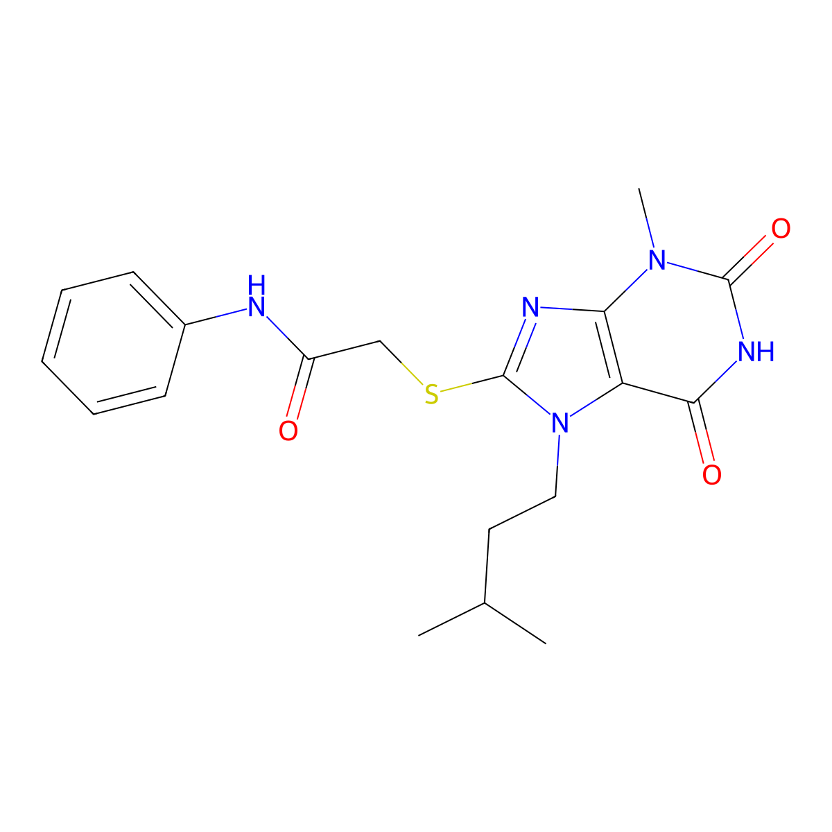 2-((7-isopentyl-3-methyl-2,6-dioxo-2,3,6,7-tetrahydro-1H-purin-8-yl)thio)-N-phenylacetamide molecular structure, CAS 313530-87-9