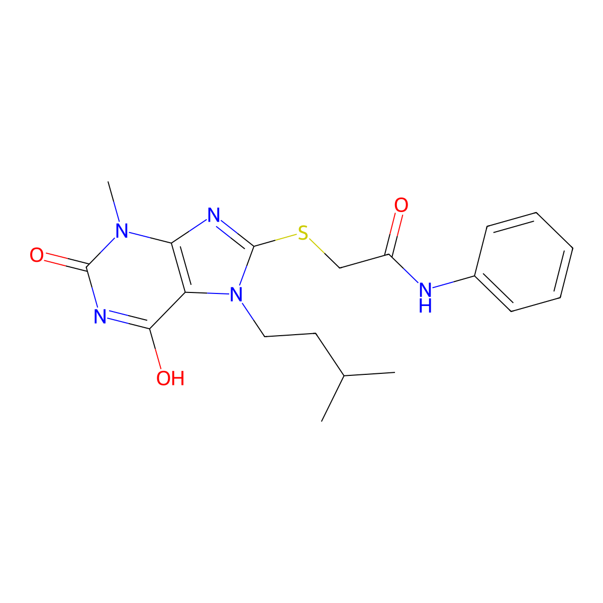 2-((7-isopentyl-3-methyl-2,6-dioxo-2,3,6,7-tetrahydro-1H-purin-8-yl)thio)-N-phenylacetamide molecular structure, CAS 313530-87-9