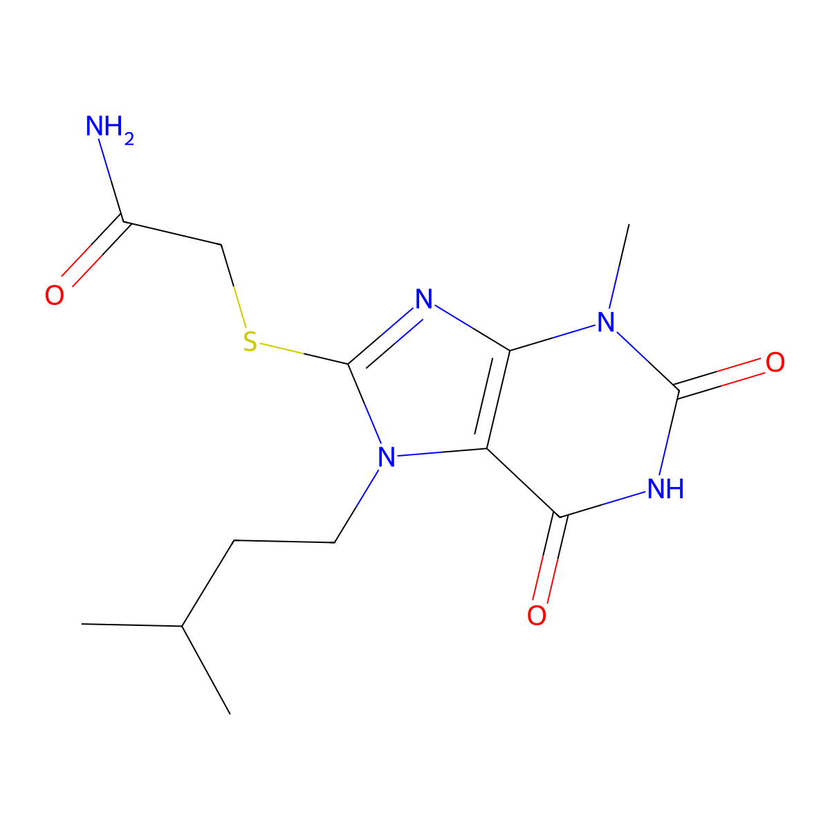 2-((7-isopentyl-3-methyl-2,6-dioxo-2,3,6,7-tetrahydro-1H-purin-8-yl)thio)acetamide molecular structure, CAS 313530-88-0