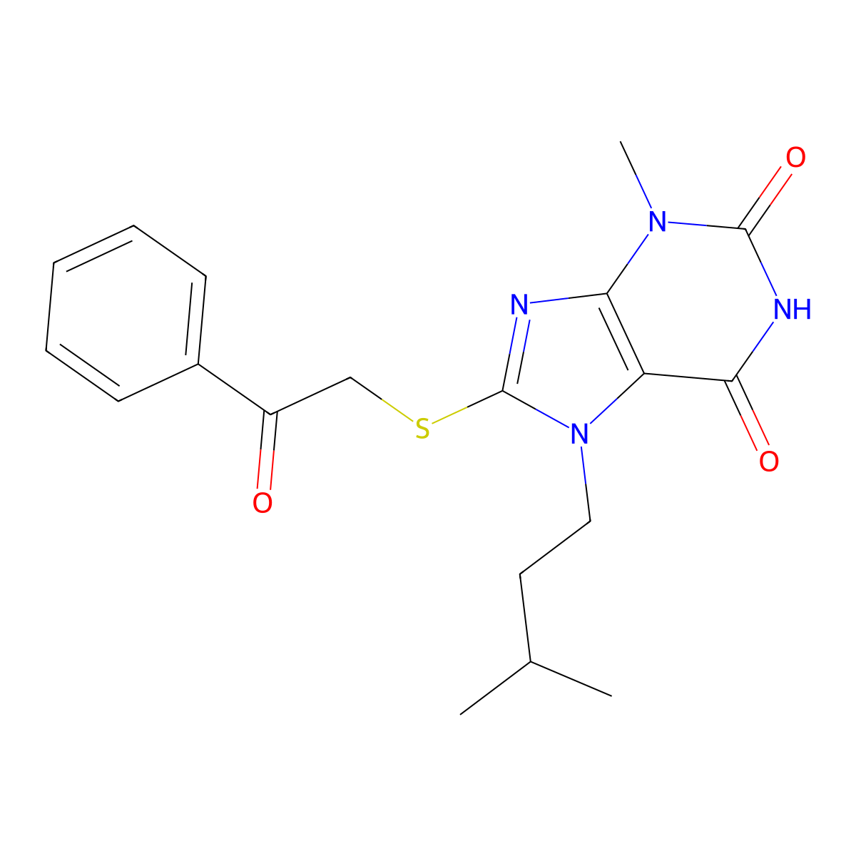 7-isopentyl-3-methyl-8-((2-oxo-2-phenylethyl)thio)-1H-purine-2,6(3H,7H)-dione molecular structure, CAS 313530-89-1