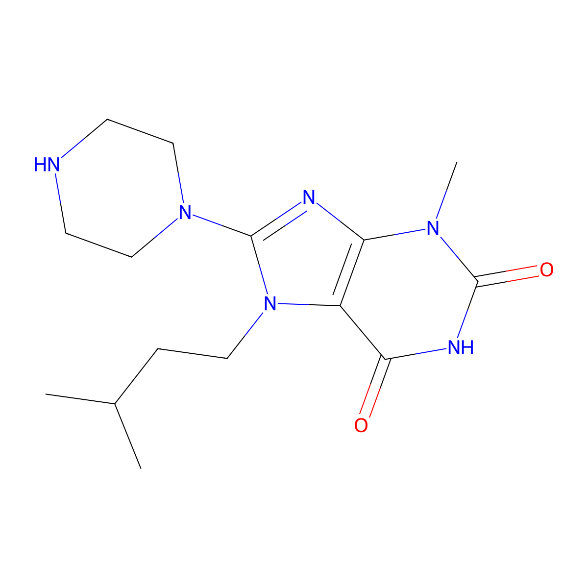 7-isopentyl-3-methyl-8-(piperazin-1-yl)-1H-purine-2,6(3H,7H)-dione molecular structure, CAS 313530-90-4