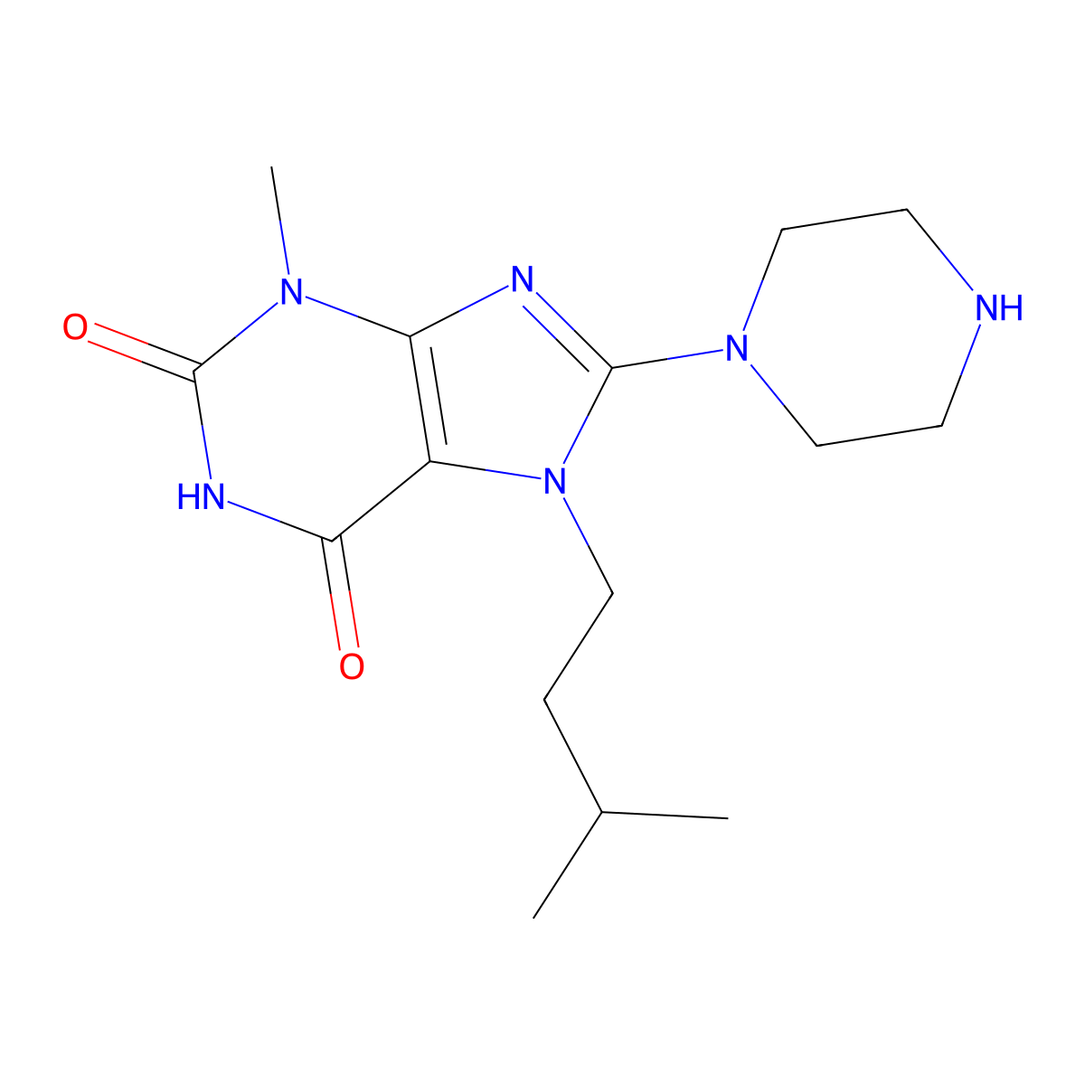 7-isopentyl-3-methyl-8-(piperazin-1-yl)-1H-purine-2,6(3H,7H)-dione molecular structure, CAS 313530-90-4