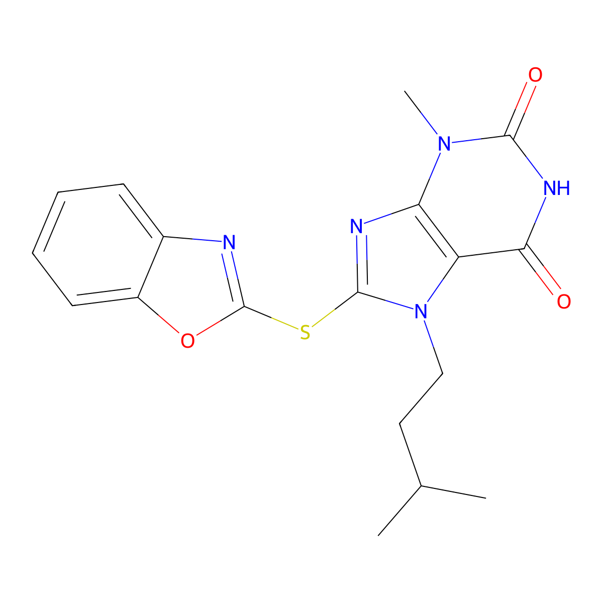8-(1,3-Benzoxazol-2-ylsulfanyl)-3-methyl-7-(3-methylbutyl)purine-2,6-dione molecular structure, CAS 313530-94-8