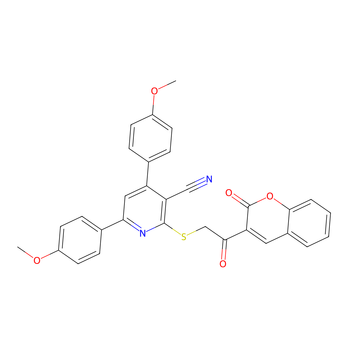 4,6-Bis(4-methoxyphenyl)-2-[2-oxo-2-(2-oxochromen-3-yl)ethyl]sulfanylpyridine-3-carbonitrile molecular structure, CAS 313531-14-5