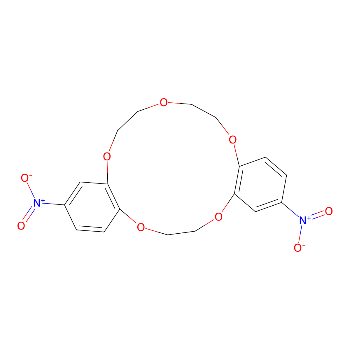2,13-Dinitro-6,7,9,10,17,18-hexahydrodibenzo[b,h][1,4,7,10,13]pentaoxacyclopentadecine molecular structure, CAS 313534-71-3