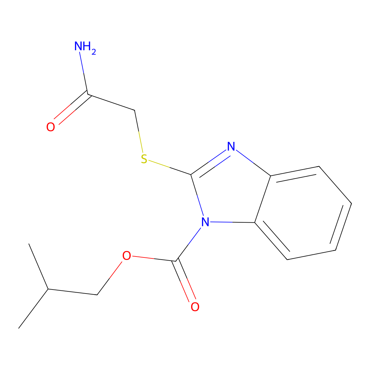 2-Methylpropyl 2-(2-amino-2-oxoethyl)sulfanylbenzimidazole-1-carboxylate molecular structure, CAS 313548-88-8
