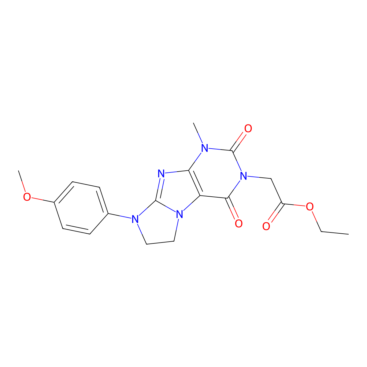 Ethyl 2-[8-(4-methoxyphenyl)-1-methyl-2,4-dioxo-1,3,5-trihydroimidazolidino[1, 2-h]purin-3-yl]acetate molecular structure, CAS 313549-58-5