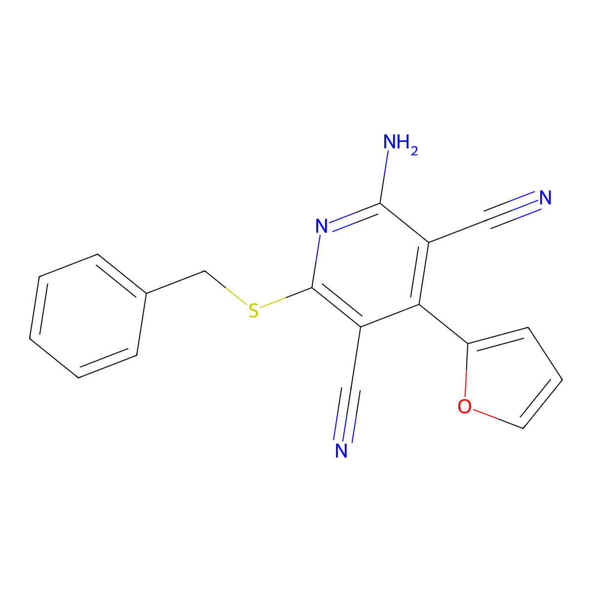 2-Amino-6-benzylsulfanyl-4-(furan-2-yl)pyridine-3,5-dicarbonitrile molecular structure, CAS 313550-87-7