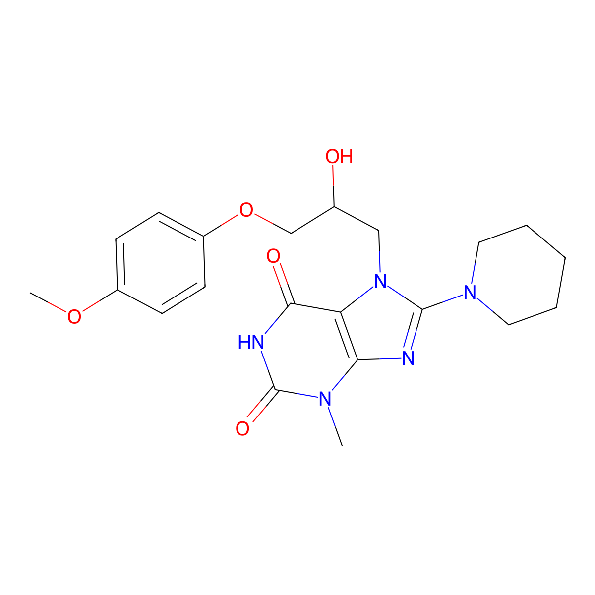 7-(2-hydroxy-3-(4-methoxyphenoxy)propyl)-3-methyl-8-(piperidin-1-yl)-1H-purine-2,6(3H,7H)-dione molecular structure, CAS 313551-75-6