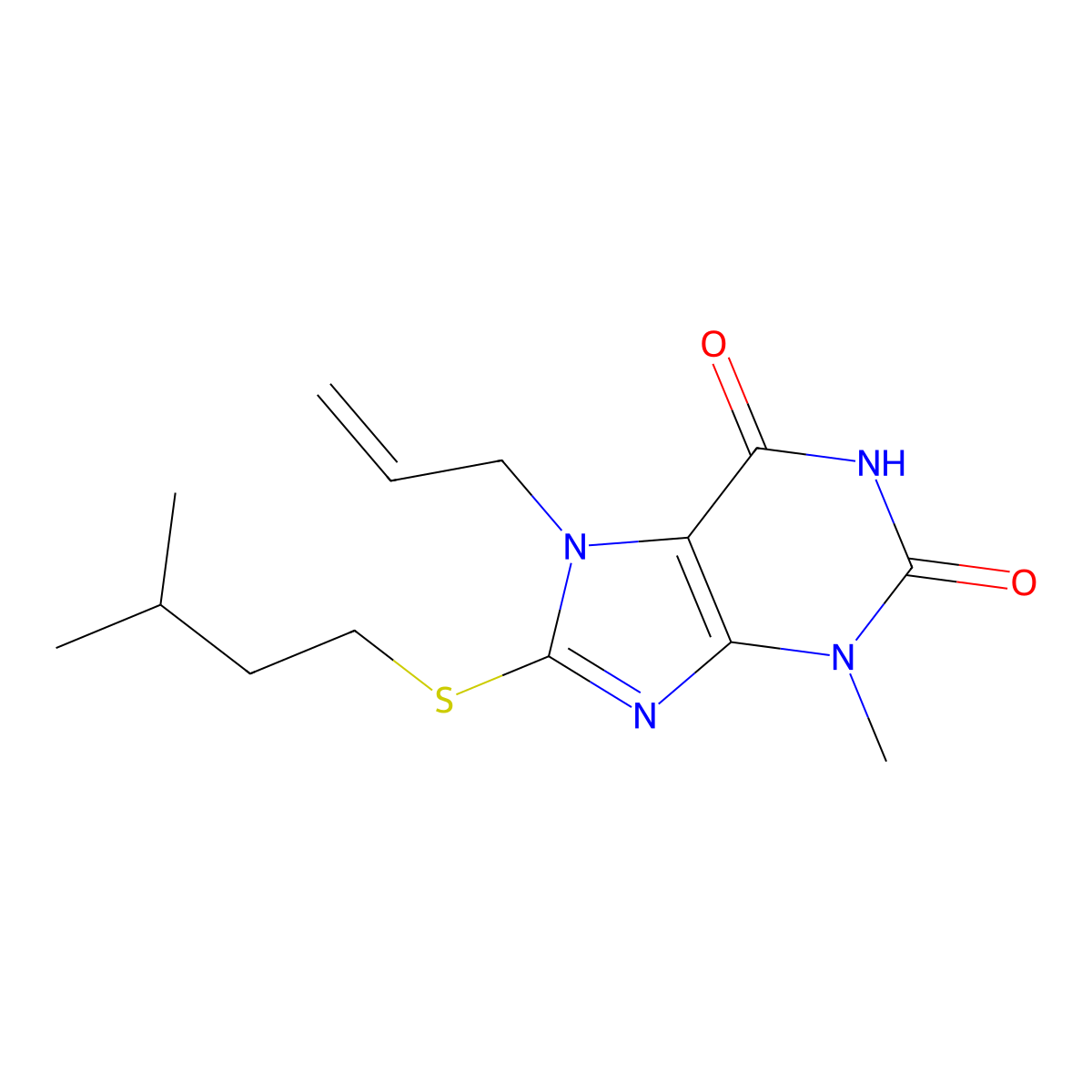 3-Methyl-8-(3-methylbutylsulfanyl)-7-prop-2-enylpurine-2,6-dione molecular structure, CAS 313552-32-8