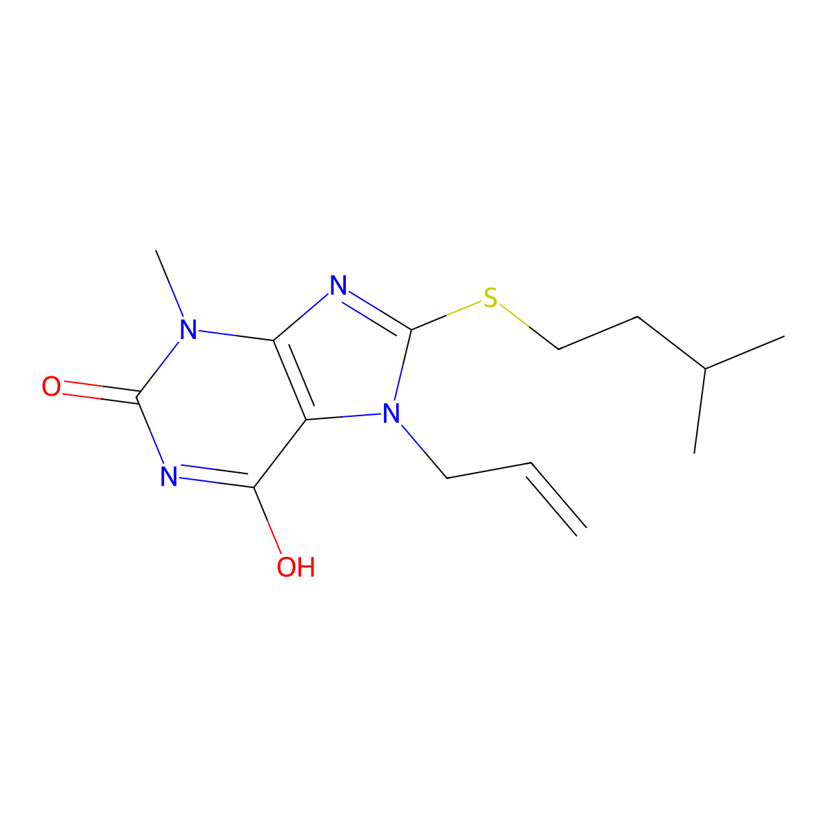 3-Methyl-8-(3-methylbutylsulfanyl)-7-prop-2-enylpurine-2,6-dione molecular structure, CAS 313552-32-8