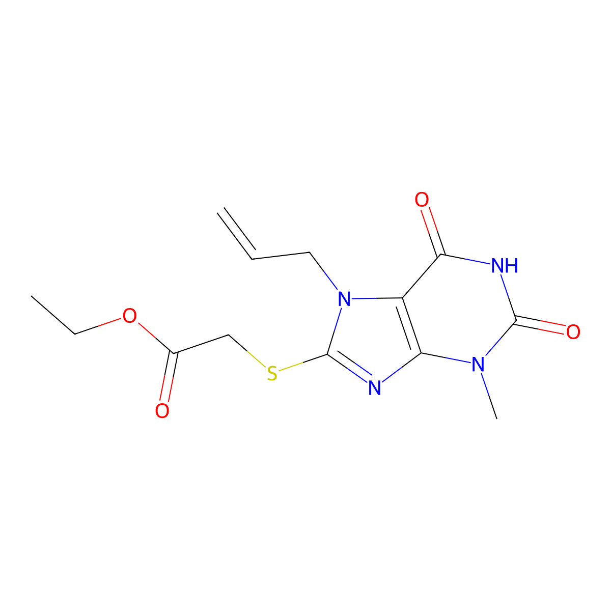 Ethyl 2-(3-methyl-2,6-dioxo-7-prop-2-enylpurin-8-yl)sulfanylacetate molecular structure, CAS 313552-33-9