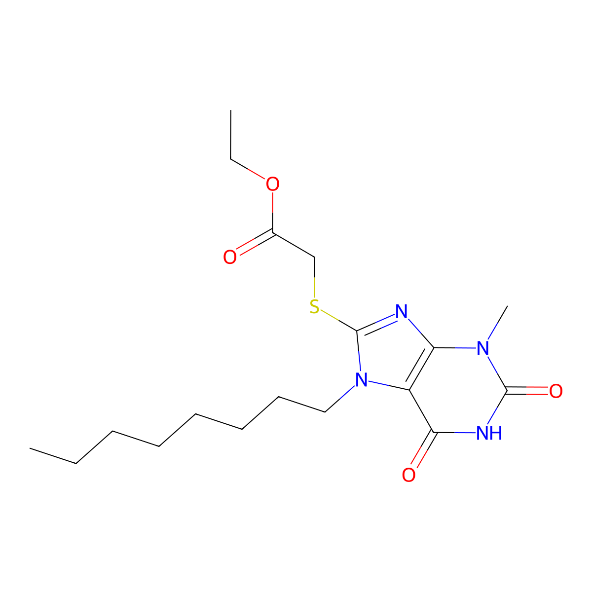 ethyl [(3-methyl-7-octyl-2,6-dioxo-2,3,6,7-tetrahydro-1H-purin-8-yl)sulfanyl]acetate molecular structure, CAS 313552-37-3