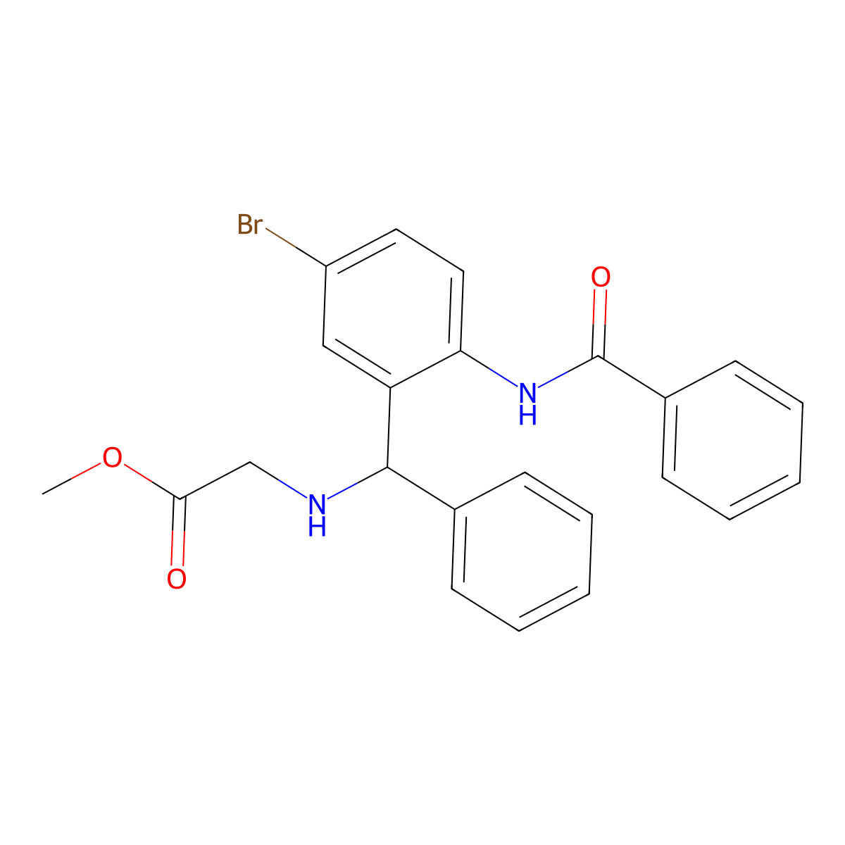 Methyl 2-(((2-benzamido-5-bromophenyl)(phenyl)methyl)amino)acetate molecular structure, CAS 313648-32-7
