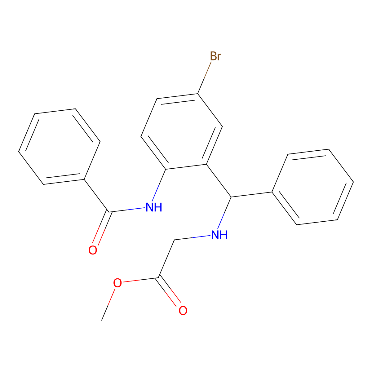 Methyl 2-(((2-benzamido-5-bromophenyl)(phenyl)methyl)amino)acetate molecular structure, CAS 313648-32-7