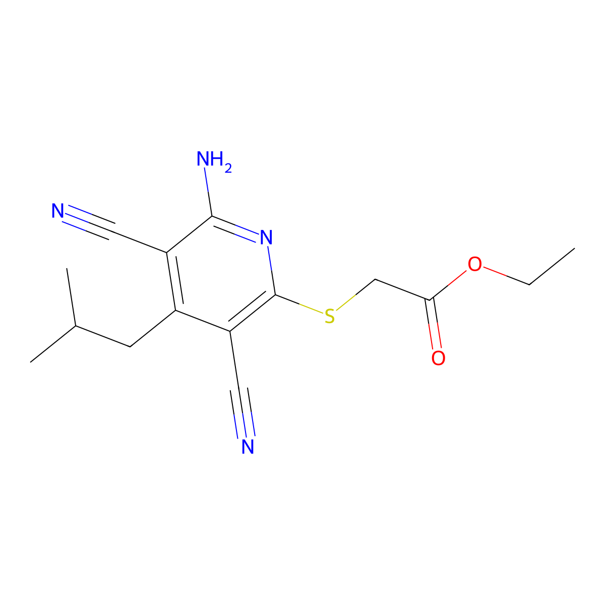 Ethyl 2-((6-amino-3,5-dicyano-4-isobutylpyridin-2-yl)thio)acetate molecular structure, CAS 313650-10-1