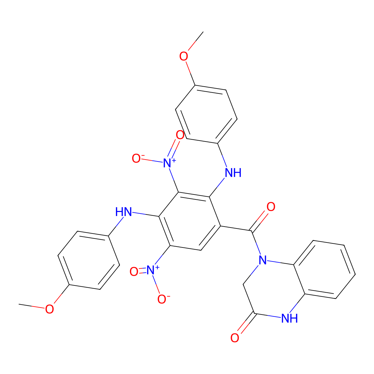 4-(2,4-bis((4-methoxyphenyl)amino)-3,5-dinitrobenzoyl)-3,4-dihydroquinoxalin-2(1H)-one molecular structure, CAS 313660-33-2