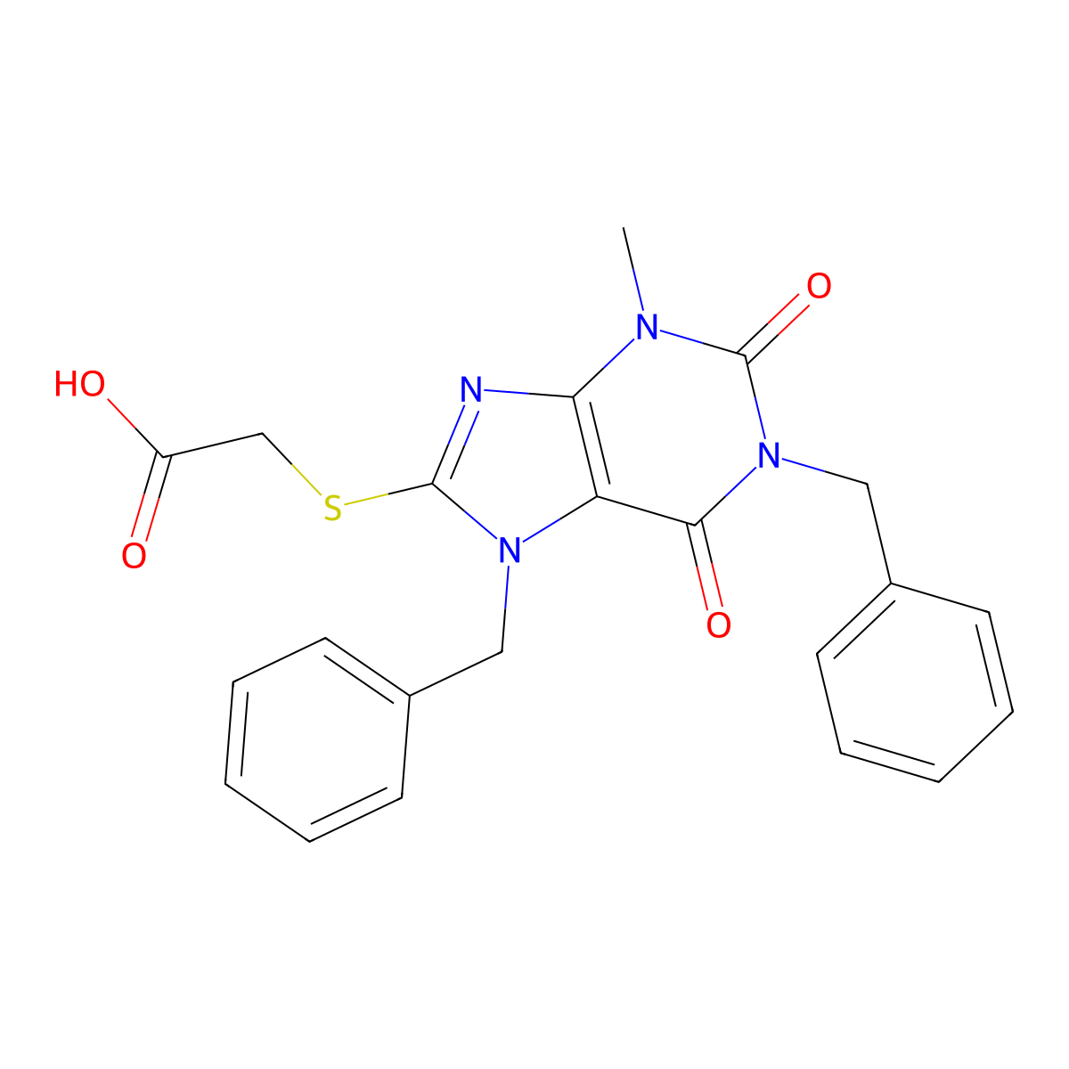 2-((1,7-dibenzyl-3-methyl-2,6-dioxo-2,3,6,7-tetrahydro-1H-purin-8-yl)thio)acetic acid molecular structure, CAS 313660-79-6