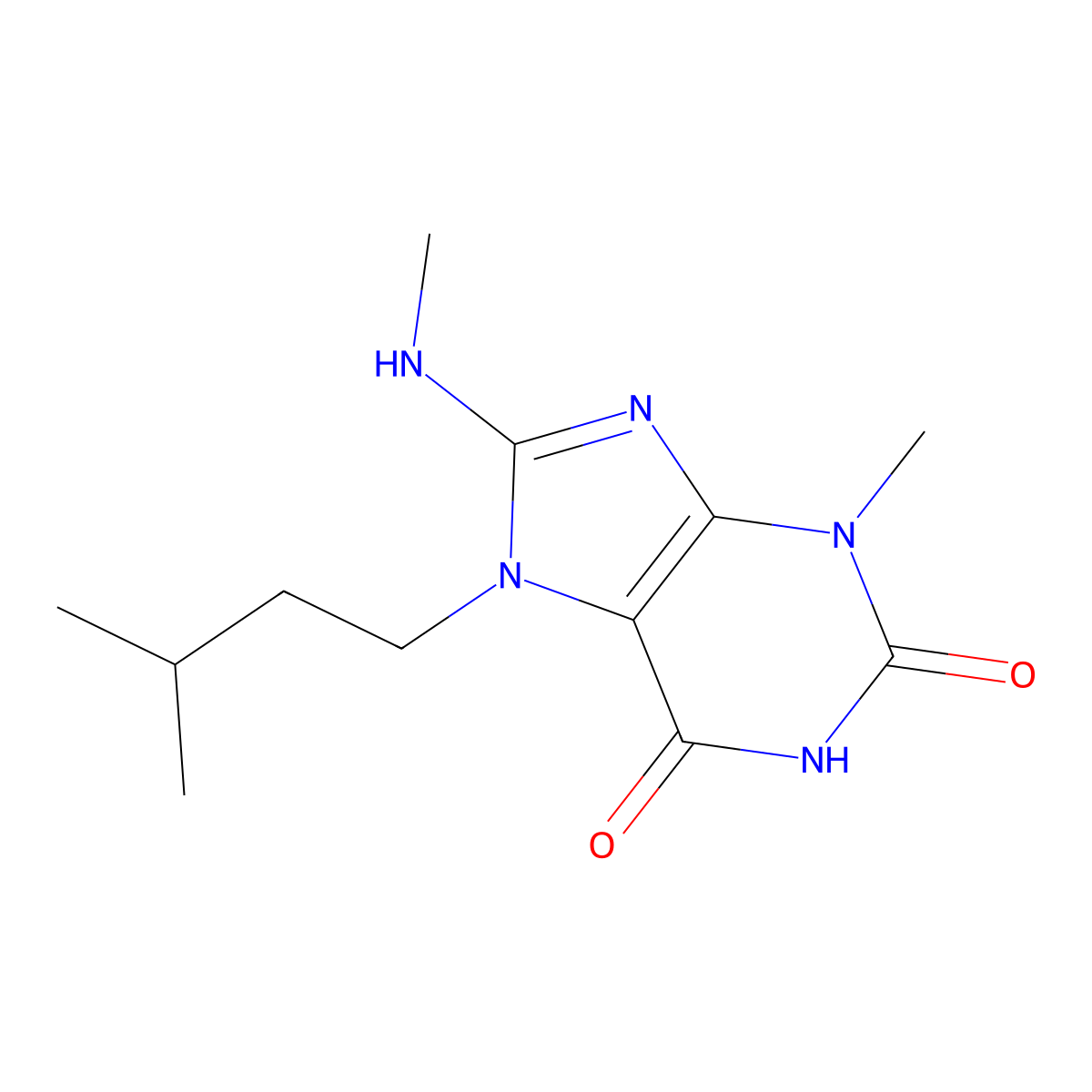 7-isopentyl-3-methyl-8-(methylamino)-1H-purine-2,6(3H,7H)-dione molecular structure, CAS 313660-80-9
