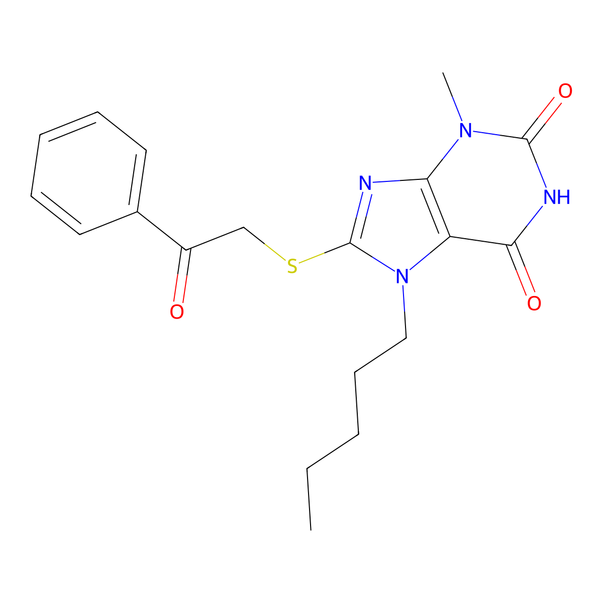 3-methyl-8-[(2-oxo-2-phenylethyl)sulfanyl]-7-pentyl-3,7-dihydro-1H-purine-2,6-dione molecular structure, CAS 313665-33-7