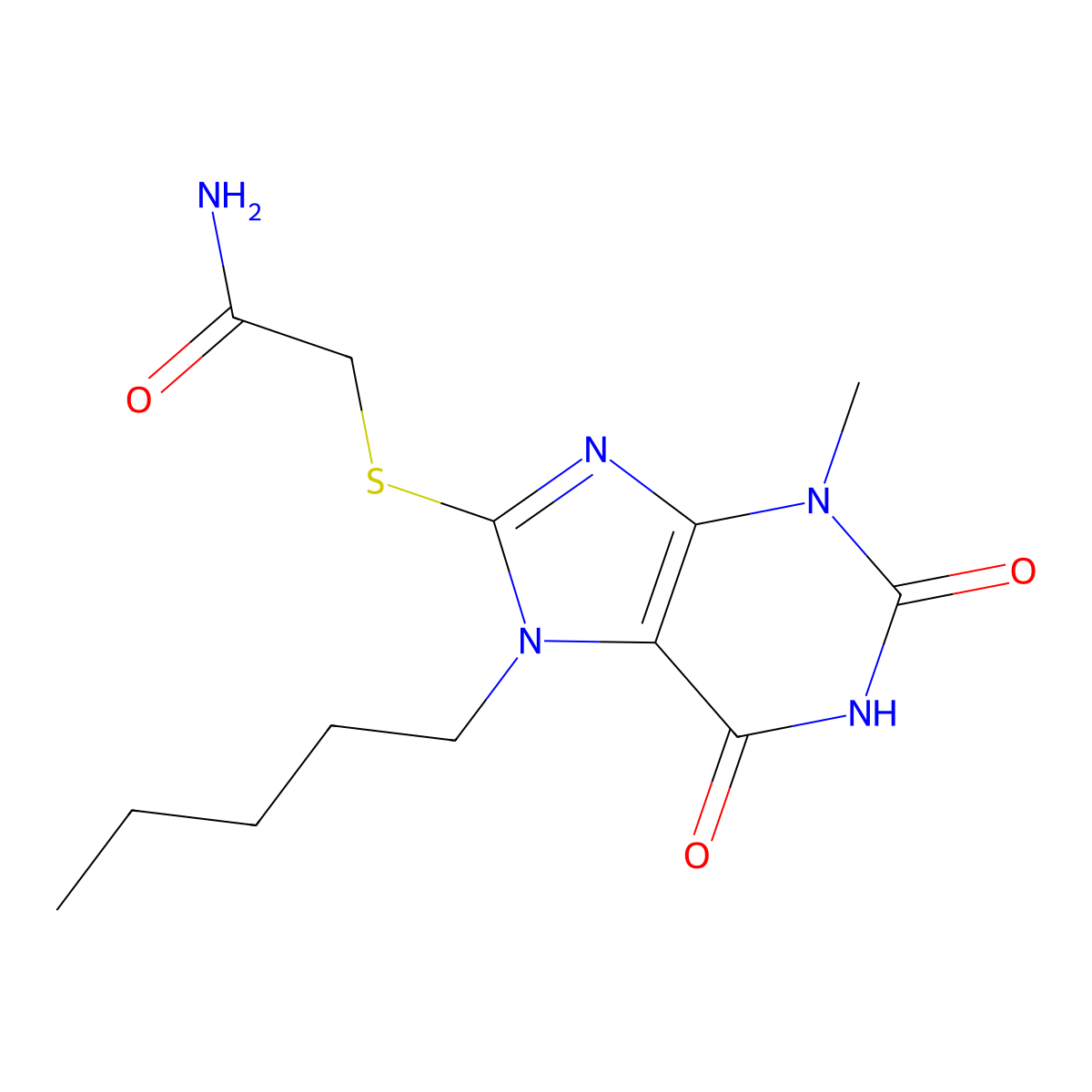 2-((3-methyl-2,6-dioxo-7-pentyl-2,3,6,7-tetrahydro-1H-purin-8-yl)thio)acetamide molecular structure, CAS 313665-34-8