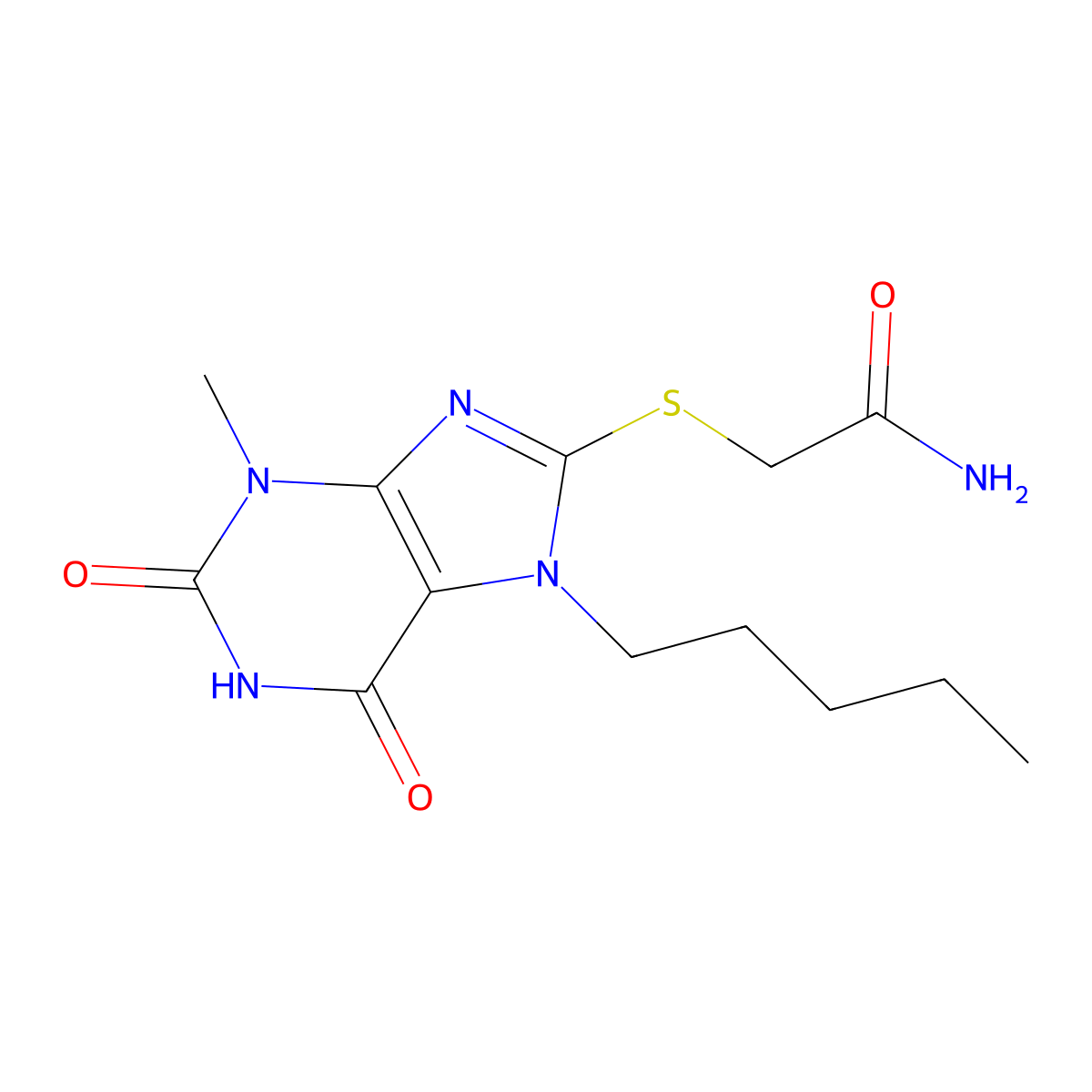 2-((3-methyl-2,6-dioxo-7-pentyl-2,3,6,7-tetrahydro-1H-purin-8-yl)thio)acetamide molecular structure, CAS 313665-34-8