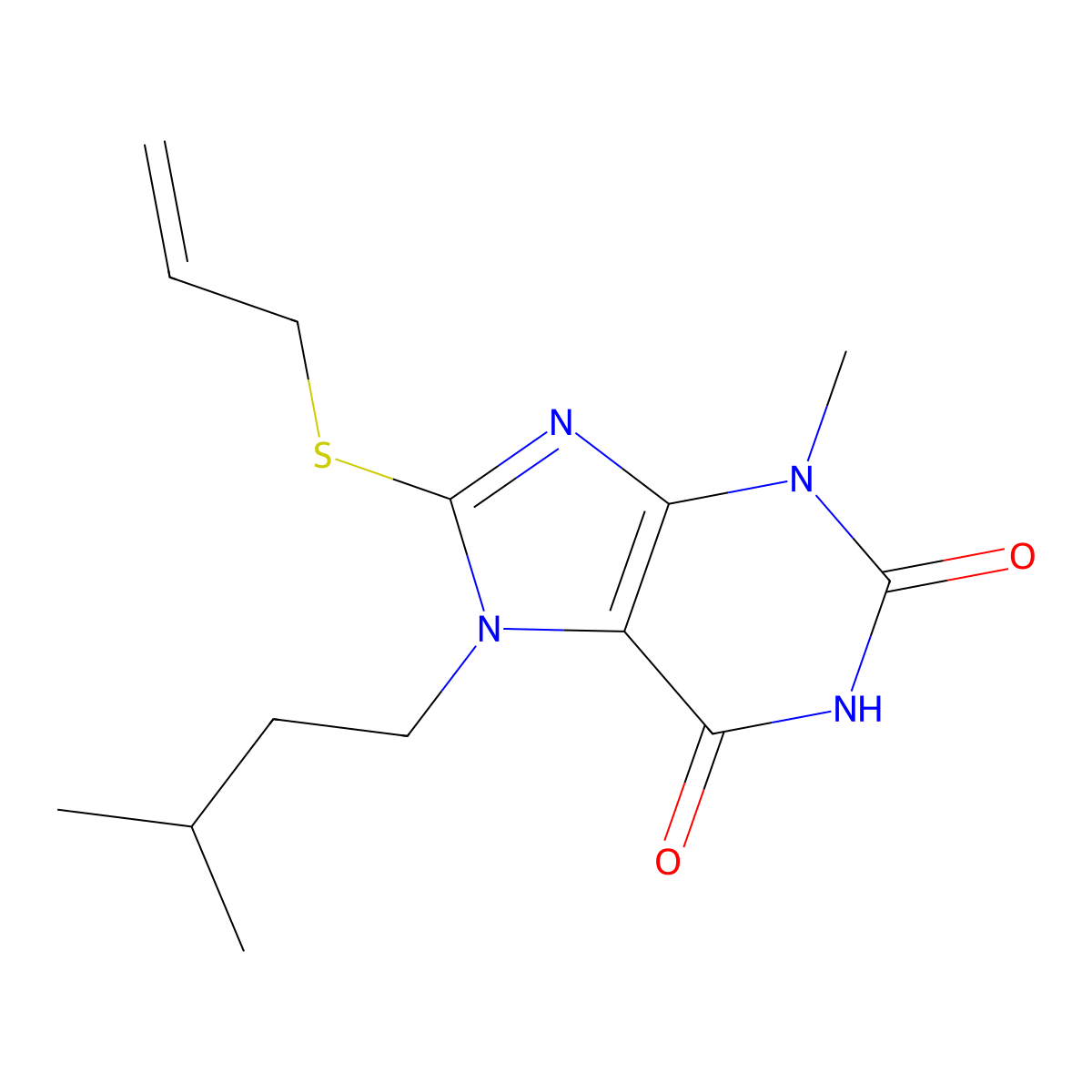 3-Methyl-7-(3-methylbutyl)-8-prop-2-enylsulfanylpurine-2,6-dione molecular structure, CAS 313665-36-0