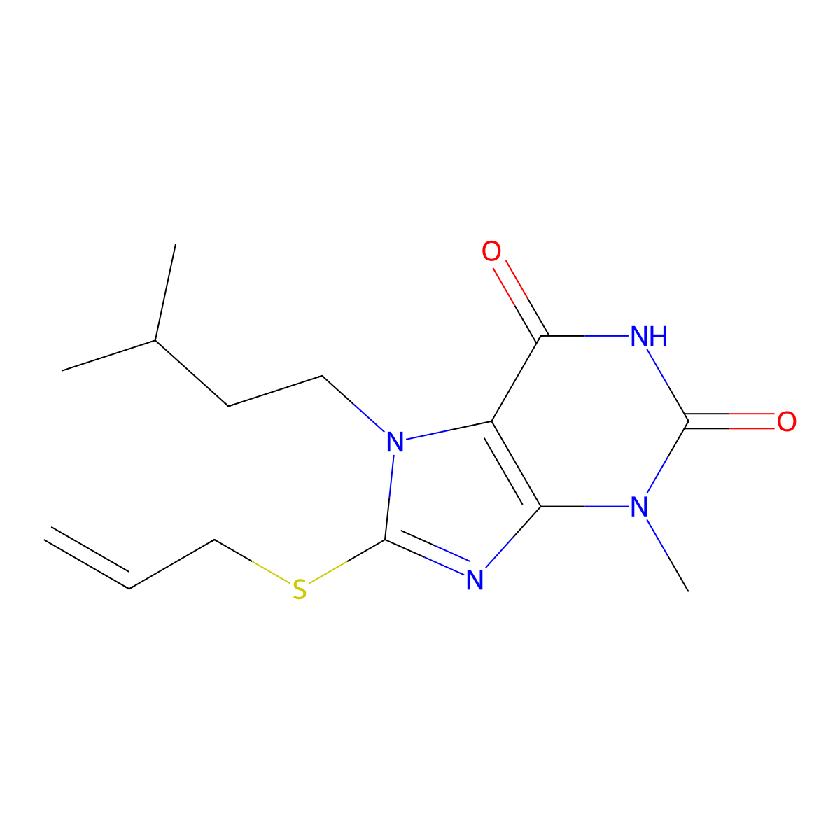 3-Methyl-7-(3-methylbutyl)-8-prop-2-enylsulfanylpurine-2,6-dione molecular structure, CAS 313665-36-0