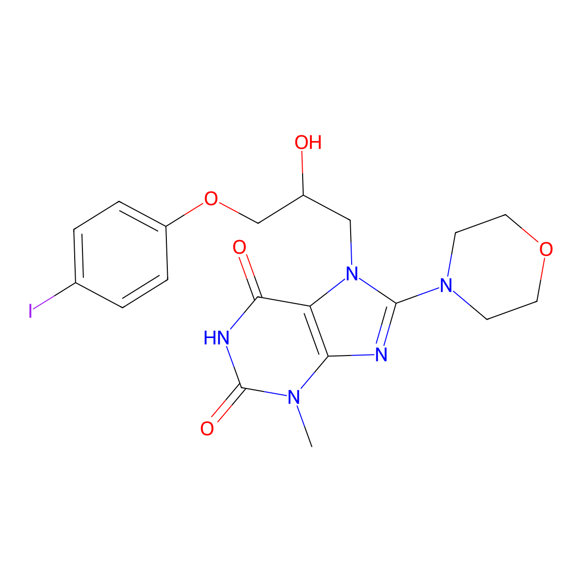 7-[2-hydroxy-3-(4-iodophenoxy)propyl]-3-methyl-8-(morpholin-4-yl)-2,3,6,7-tetrahydro-1H-purine-2,6-dione molecular structure, CAS 313665-39-3
