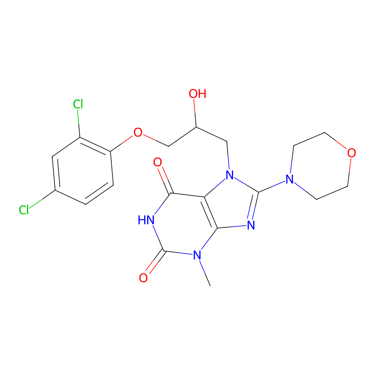 7-(3-(2,4-dichlorophenoxy)-2-hydroxypropyl)-3-methyl-8-morpholino-1H-purine-2,6(3H,7H)-dione molecular structure, CAS 313665-44-0