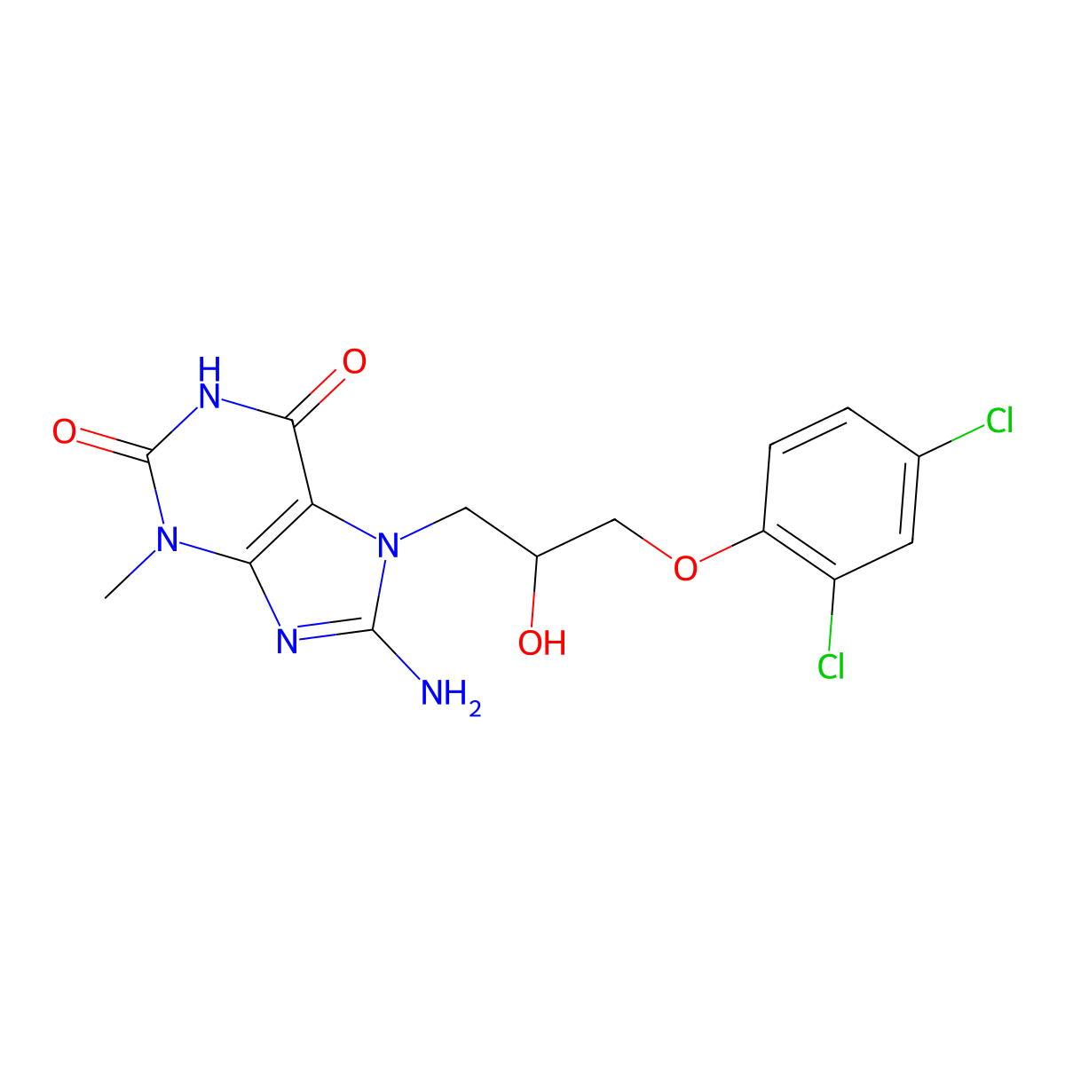 8-amino-7-[3-(2,4-dichlorophenoxy)-2-hydroxypropyl]-3-methyl-3,7-dihydro-1H-purine-2,6-dione molecular structure, CAS 313665-47-3