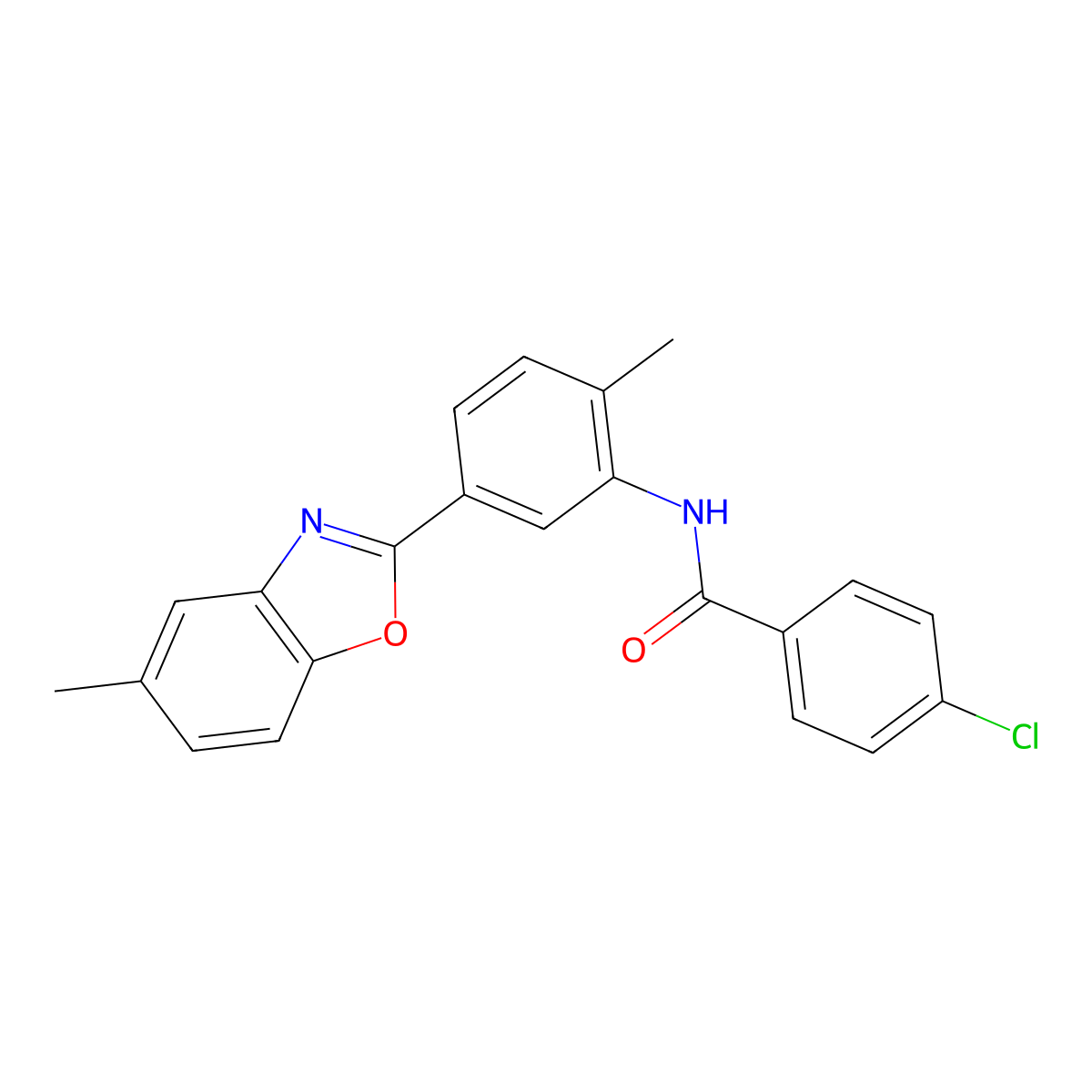 4-chloro-N-[2-methyl-5-(5-methyl-1,3-benzoxazol-2-yl)phenyl]benzamide molecular structure, CAS 313667-38-8
