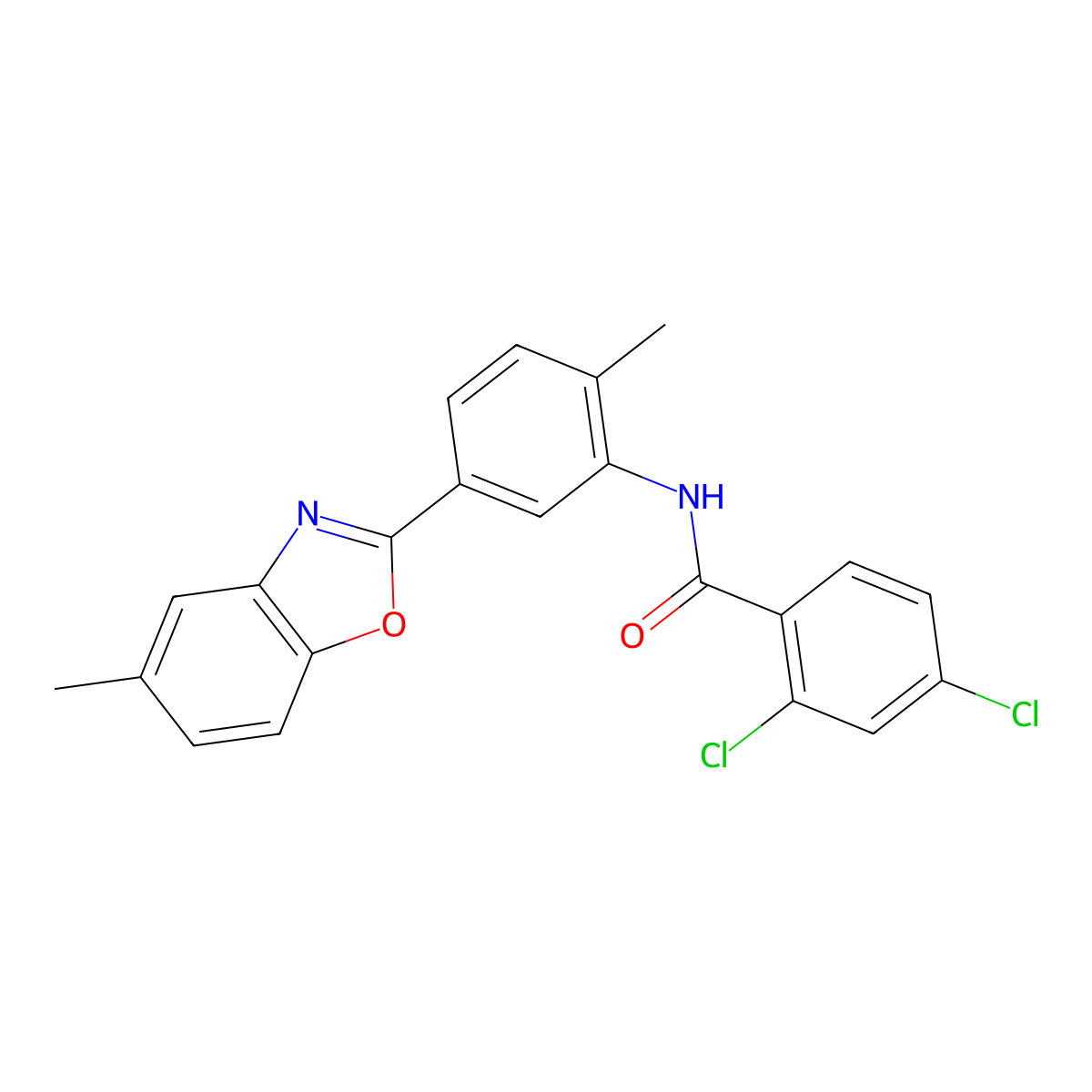 2,4-dichloro-N-[2-methyl-5-(5-methyl-1,3-benzoxazol-2-yl)phenyl]benzamide molecular structure, CAS 313667-39-9