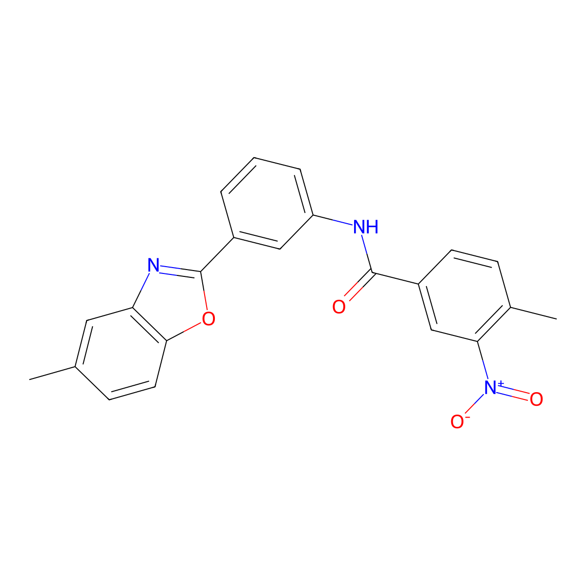 4-Methyl-N-[3-(5-methyl-benzooxazol-2-yl)-phenyl]-3-nitro-benzamide molecular structure, CAS 313667-54-8