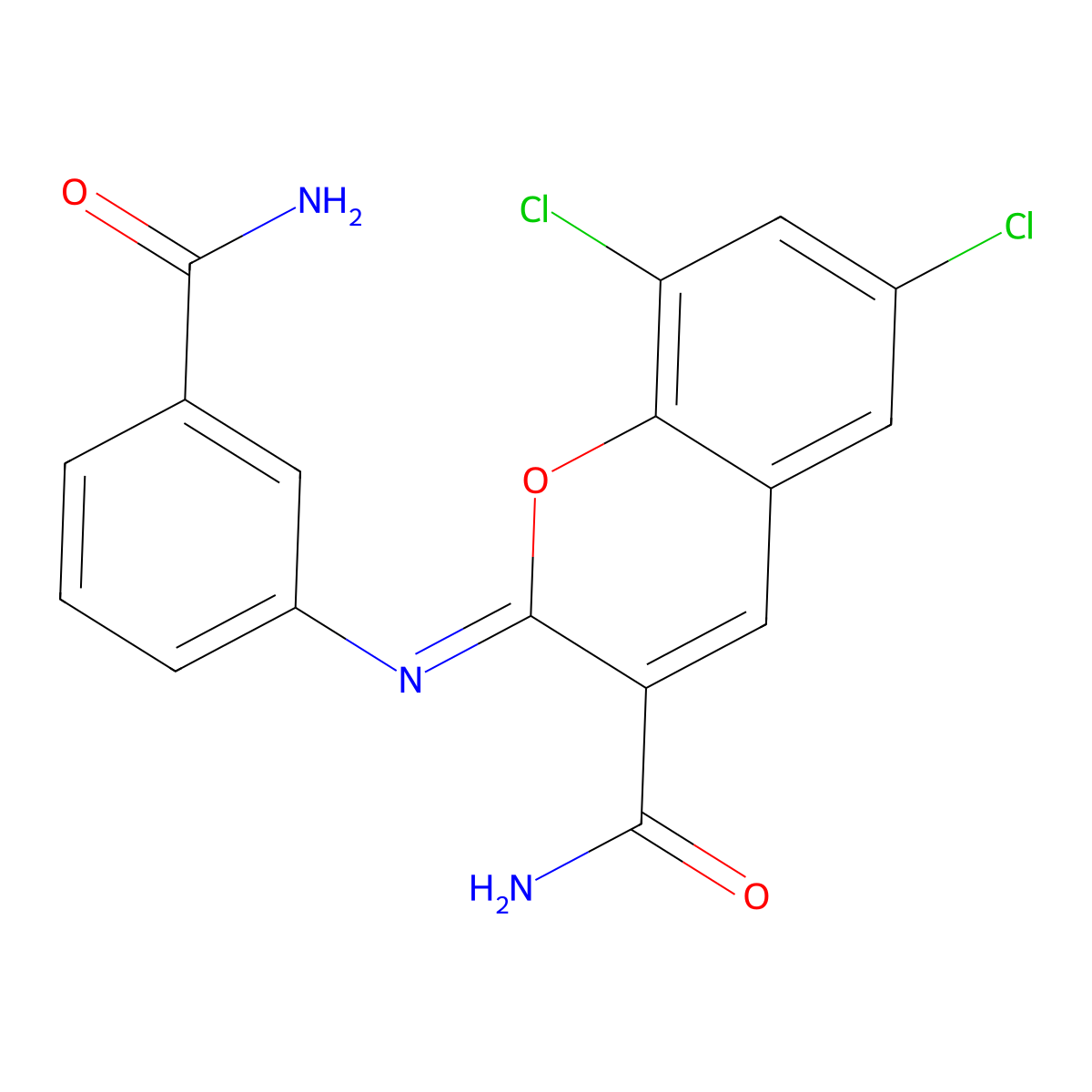2-(3-Carbamoylphenyl)imino-6,8-dichlorochromene-3-carboxamide molecular structure, CAS 313668-68-7