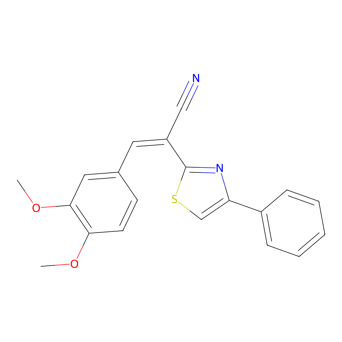 (2E)-3-(3,4-dimethoxyphenyl)-2-(4-phenyl-1,3-thiazol-2-yl)prop-2-enenitrile molecular structure, CAS 313687-64-8