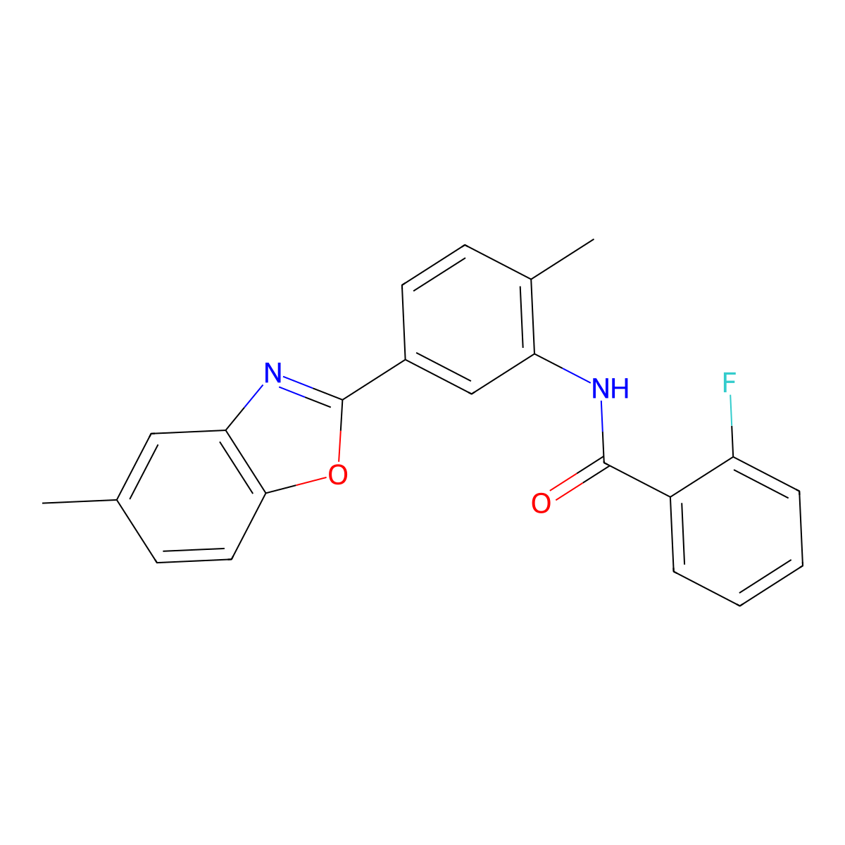 2-fluoro-N-[2-methyl-5-(5-methyl-1,3-benzoxazol-2-yl)phenyl]benzamide molecular structure, CAS 313688-64-1