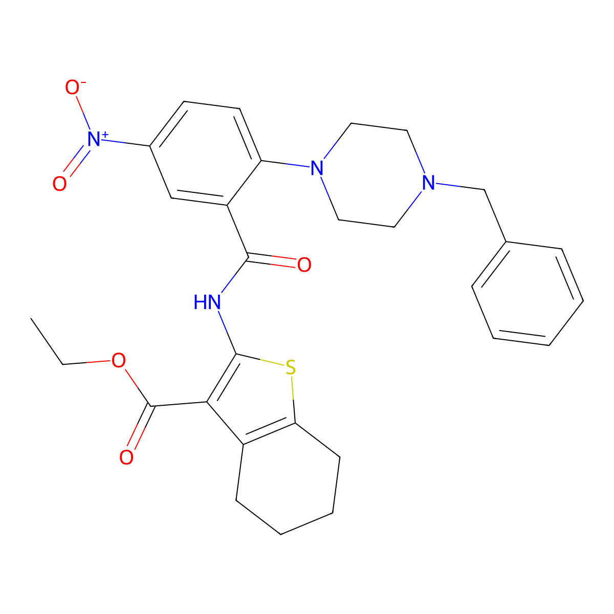 Ethyl 2-[[2-(4-benzylpiperazin-1-yl)-5-nitrobenzoyl]amino]-4,5,6,7-tetrahydro-1-benzothiophene-3-carboxylate molecular structure, CAS 313699-26-2