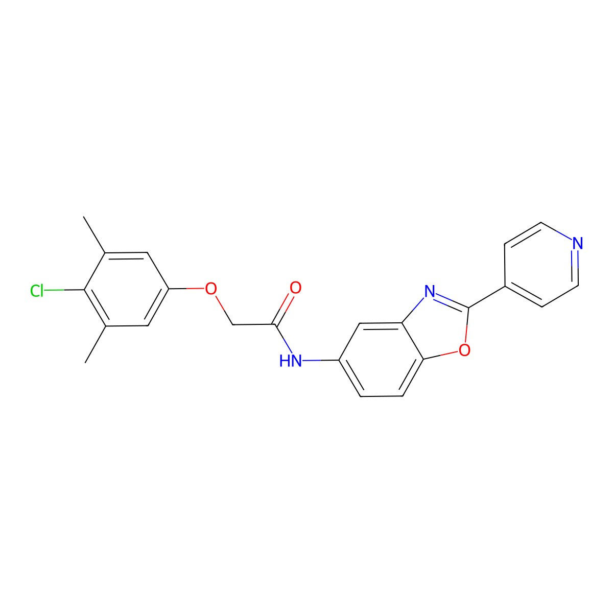 2-(4-chloro-3,5-dimethylphenoxy)-N-(2-pyridin-4-yl-1,3-benzoxazol-5-yl)acetamide molecular structure, CAS 313699-98-8