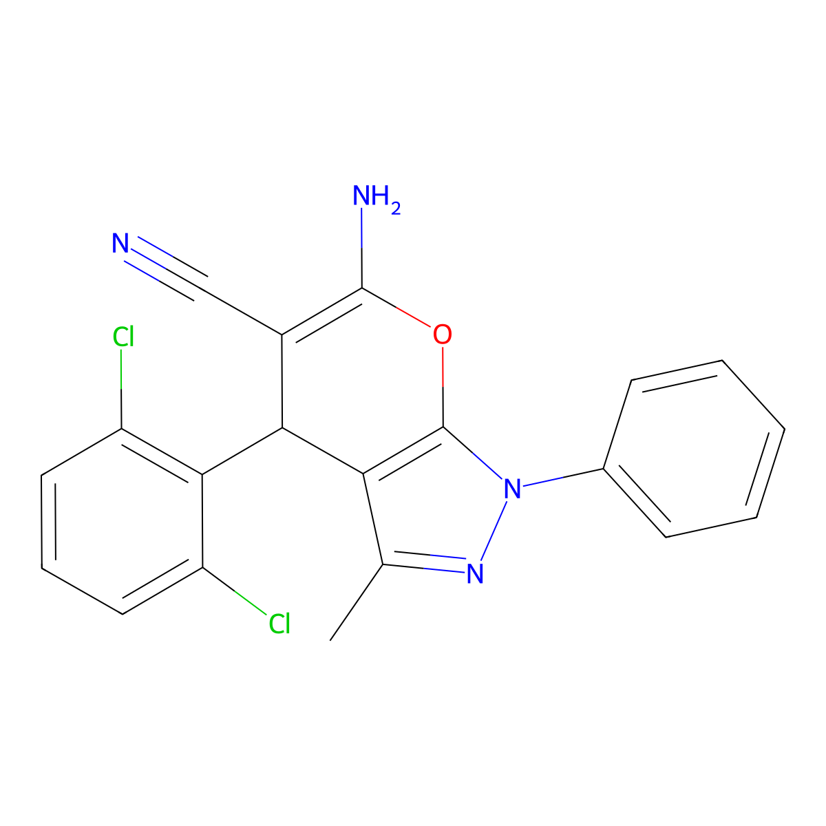 6-Amino-4-(2,6-dichlorophenyl)-3-methyl-1-phenyl-1,4-dihydropyrano[2,3-c]pyrazole-5-carbonitrile molecular structure, CAS 313702-06-6