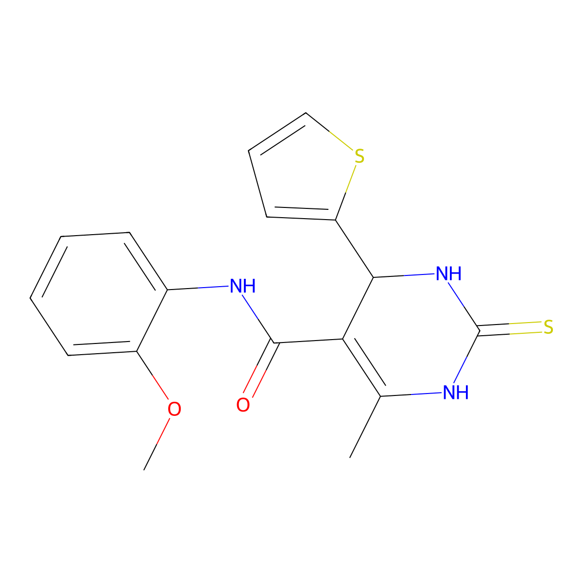N-(2-methoxyphenyl)-6-methyl-2-sulfanylidene-4-thiophen-2-yl-3,4-dihydro-1H-pyrimidine-5-carboxamide molecular structure, CAS 313702-30-6
