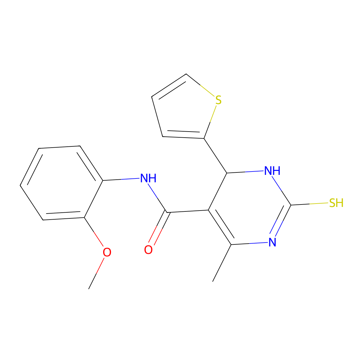 N-(2-methoxyphenyl)-6-methyl-2-sulfanylidene-4-thiophen-2-yl-3,4-dihydro-1H-pyrimidine-5-carboxamide molecular structure, CAS 313702-30-6