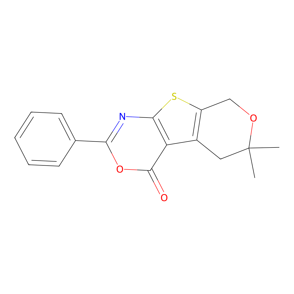 6,6-Dimethyl-2-phenyl-5,8-dihydro-6H-3,7-dioxa-9-thia-1-aza-fluoren-4-one molecular structure, CAS 313702-67-9