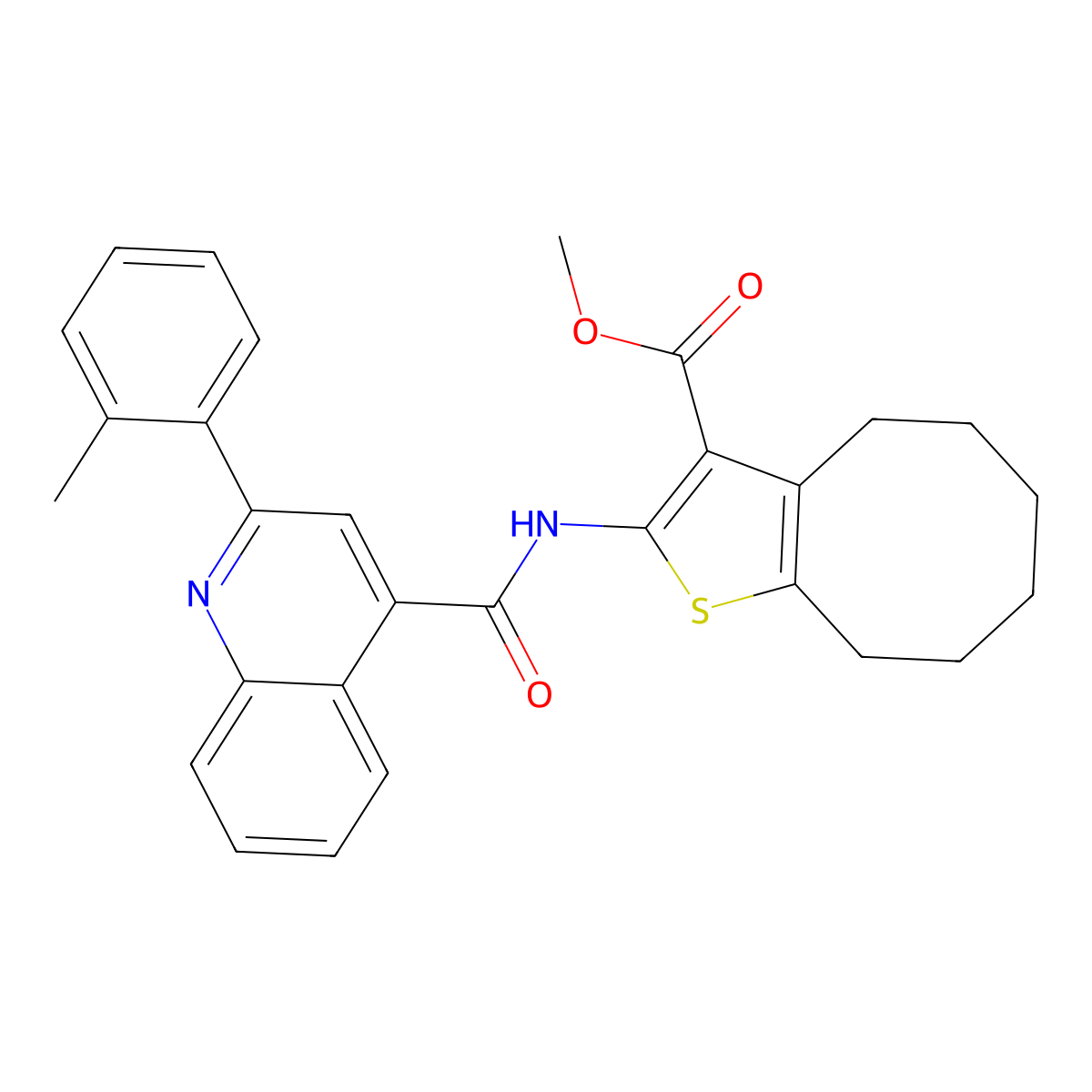 Methyl 2-[[2-(2-methylphenyl)quinoline-4-carbonyl]amino]-4,5,6,7,8,9-hexahydrocycloocta[b]thiophene-3-carboxylate molecular structure, CAS 313703-26-3