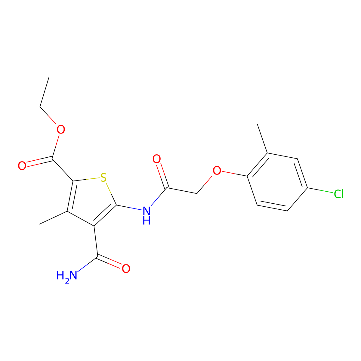 Ethyl 4-carbamoyl-5-[[2-(4-chloro-2-methylphenoxy)acetyl]amino]-3-methylthiophene-2-carboxylate molecular structure, CAS 313703-39-8