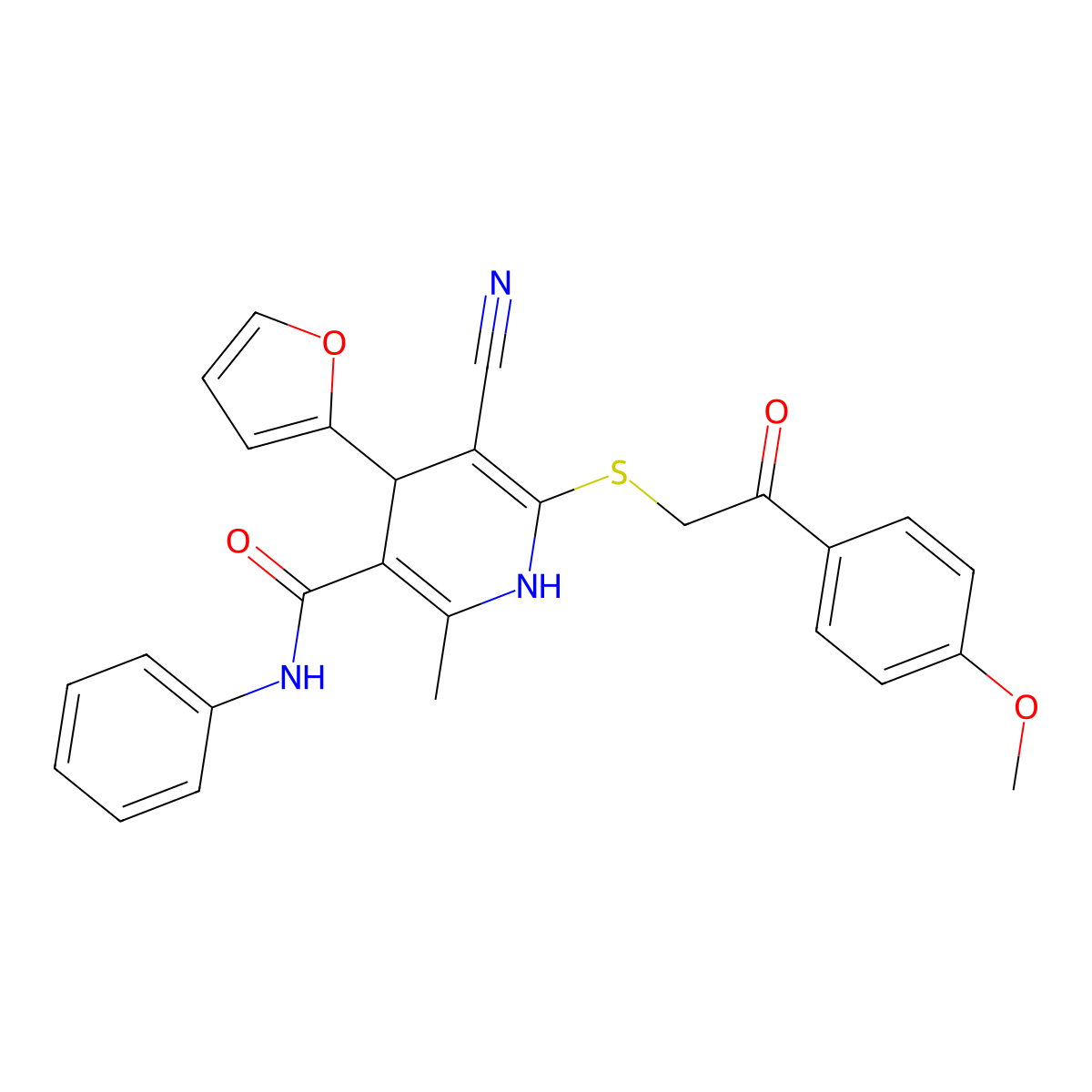 5-cyano-4-(furan-2-yl)-6-{[2-(4-methoxyphenyl)-2-oxoethyl]sulfanyl}-2-methyl-N-phenyl-1,4-dihydropyridine-3-carboxamide molecular structure, CAS 313704-87-9
