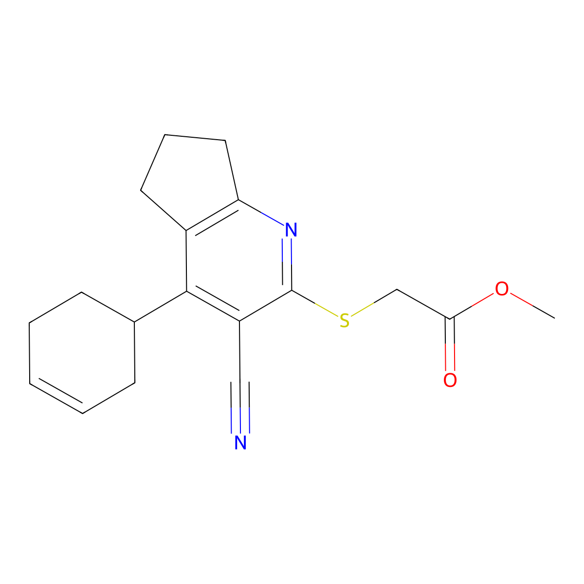 (3-Cyano-4-cyclohex-3-enyl-6,7-dihydro-5H-[1]pyrindin-2-ylsulfanyl)-acetic acid methyl ester molecular structure, CAS 313704-92-6